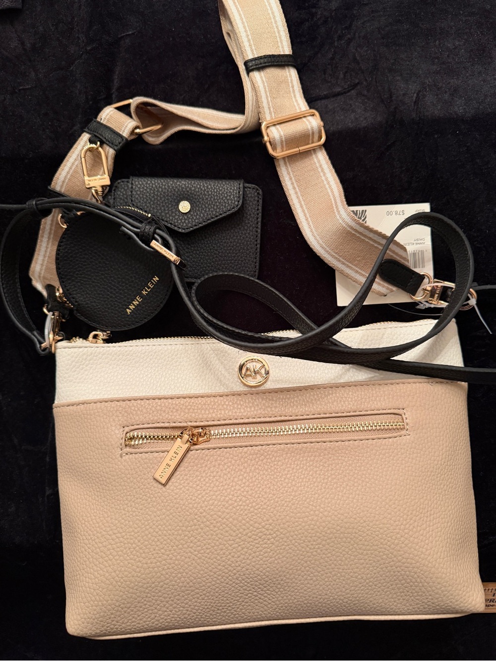 Anne Klein New Beige, White & Black Multi-Pouch Crossbody with Gold Hardware